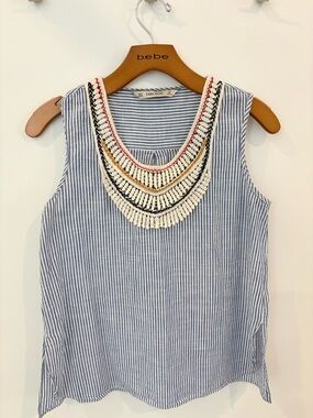 Zara Blue White Striped Sleeveless Tank with Embroidered Neck